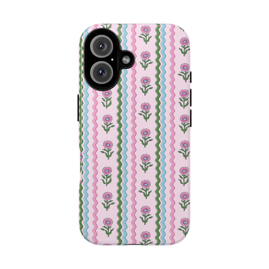 Preppy Rickrack Floral Blockprint Phone Case in Pink, Green, and Blue for iPhone