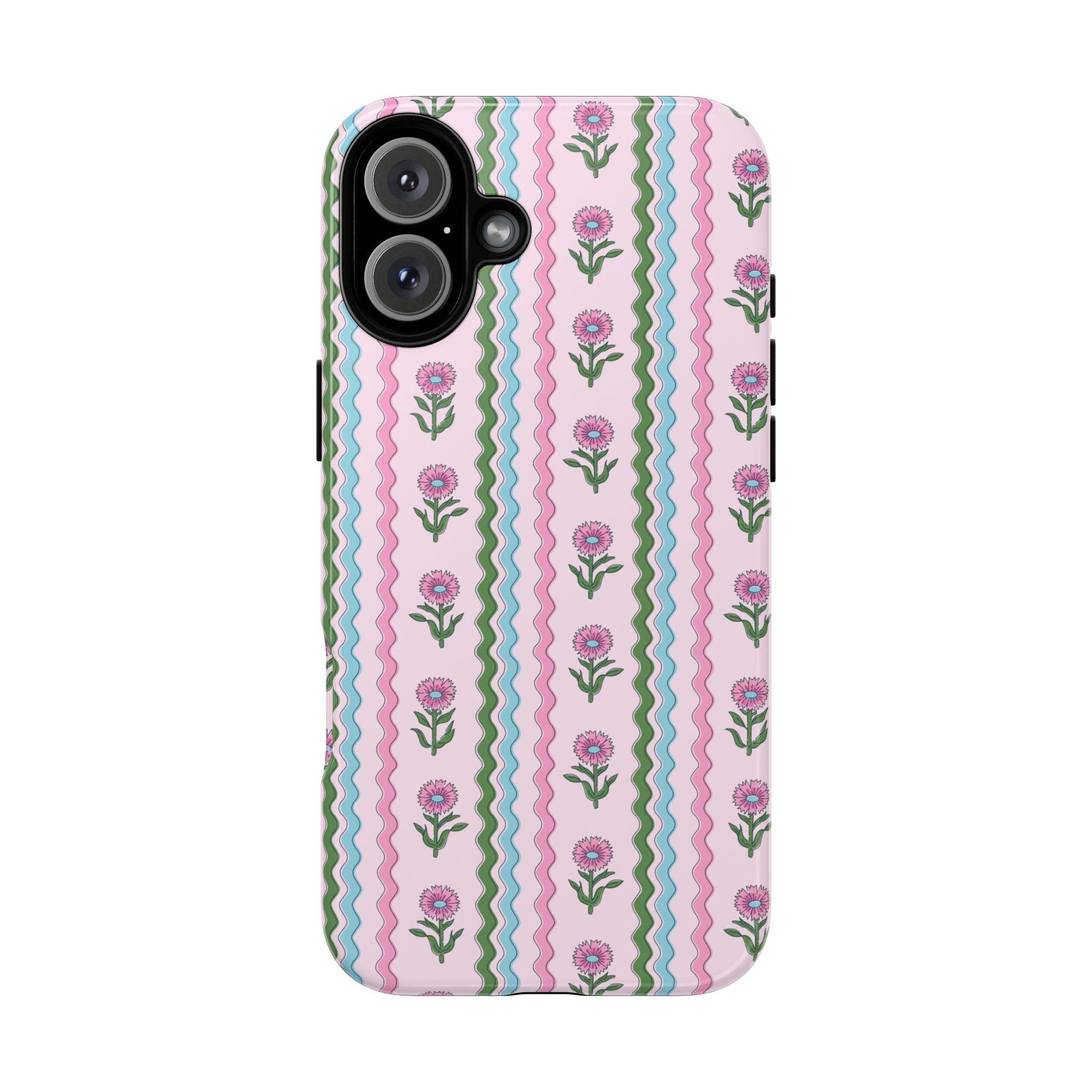 Preppy Rickrack Floral Blockprint Phone Case in Pink, Green, and Blue for iPhone