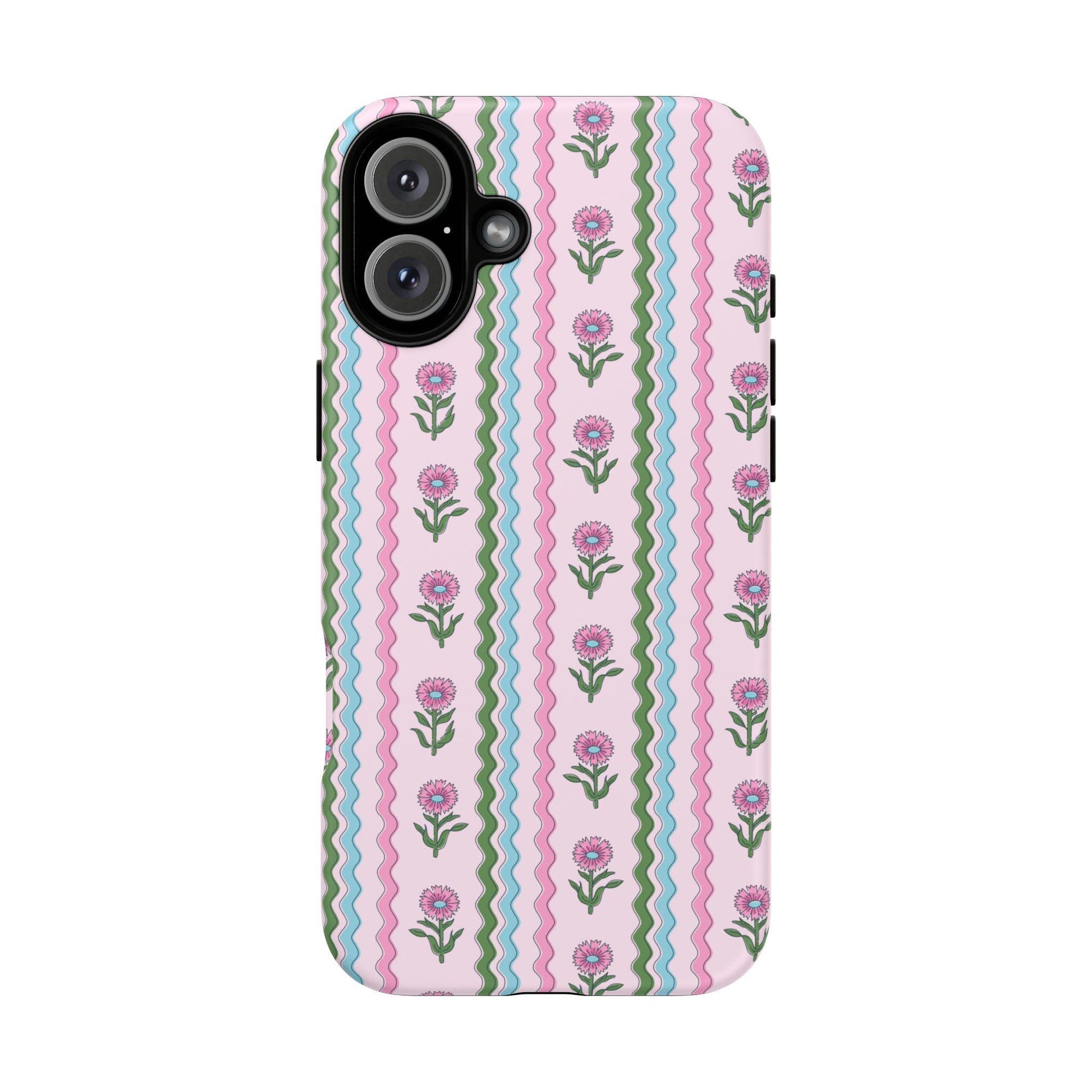 Preppy Rickrack Floral Blockprint Phone Case in Pink, Green, and Blue for iPhone