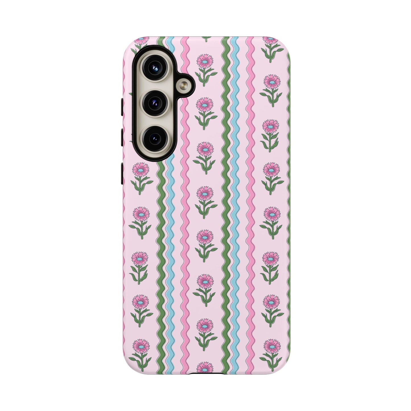 Preppy Rickrack Floral Blockprint Phone Case in Pink, Green, and Blue for Android