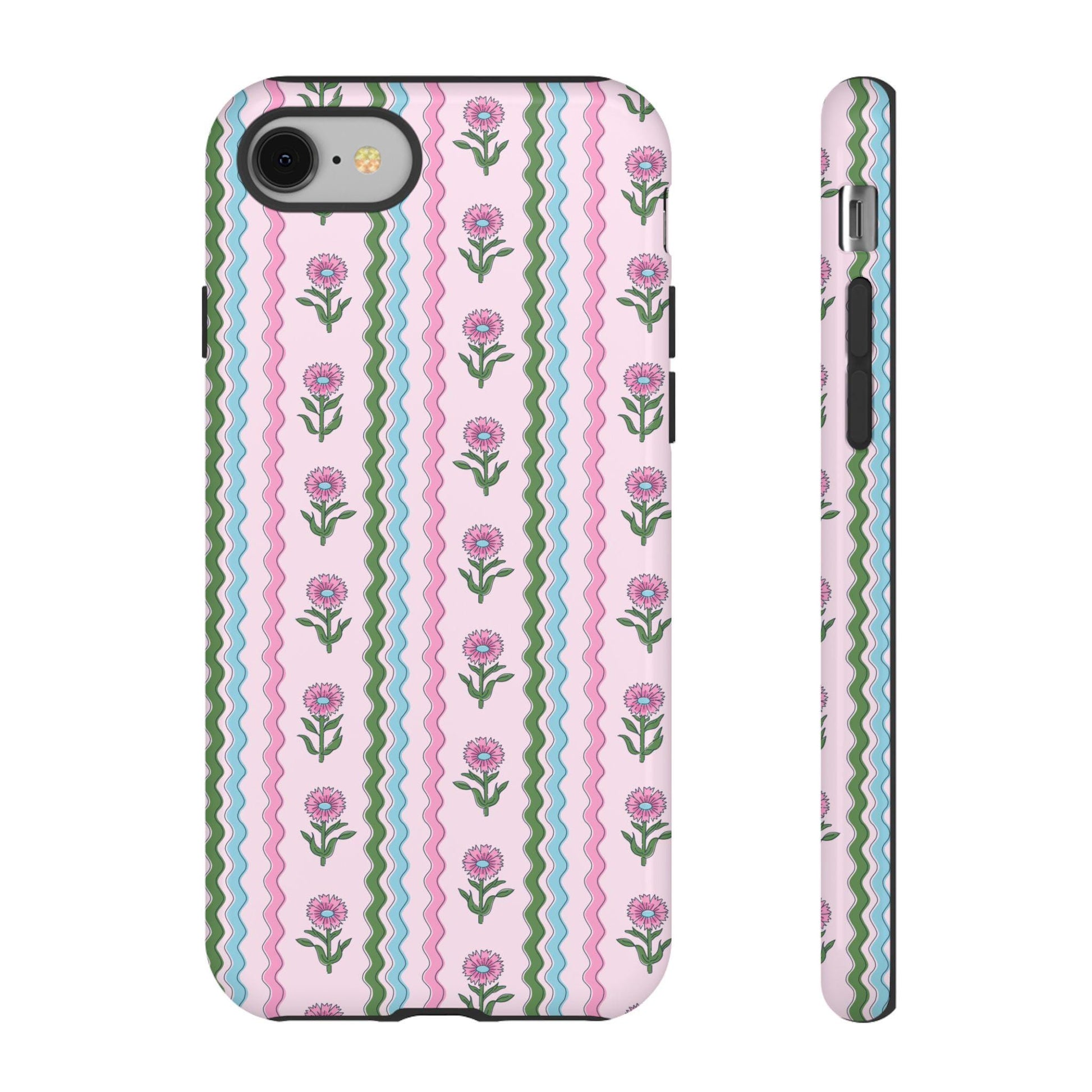 Preppy Rickrack Floral Blockprint Phone Case in Pink, Green, and Blue for iPhone