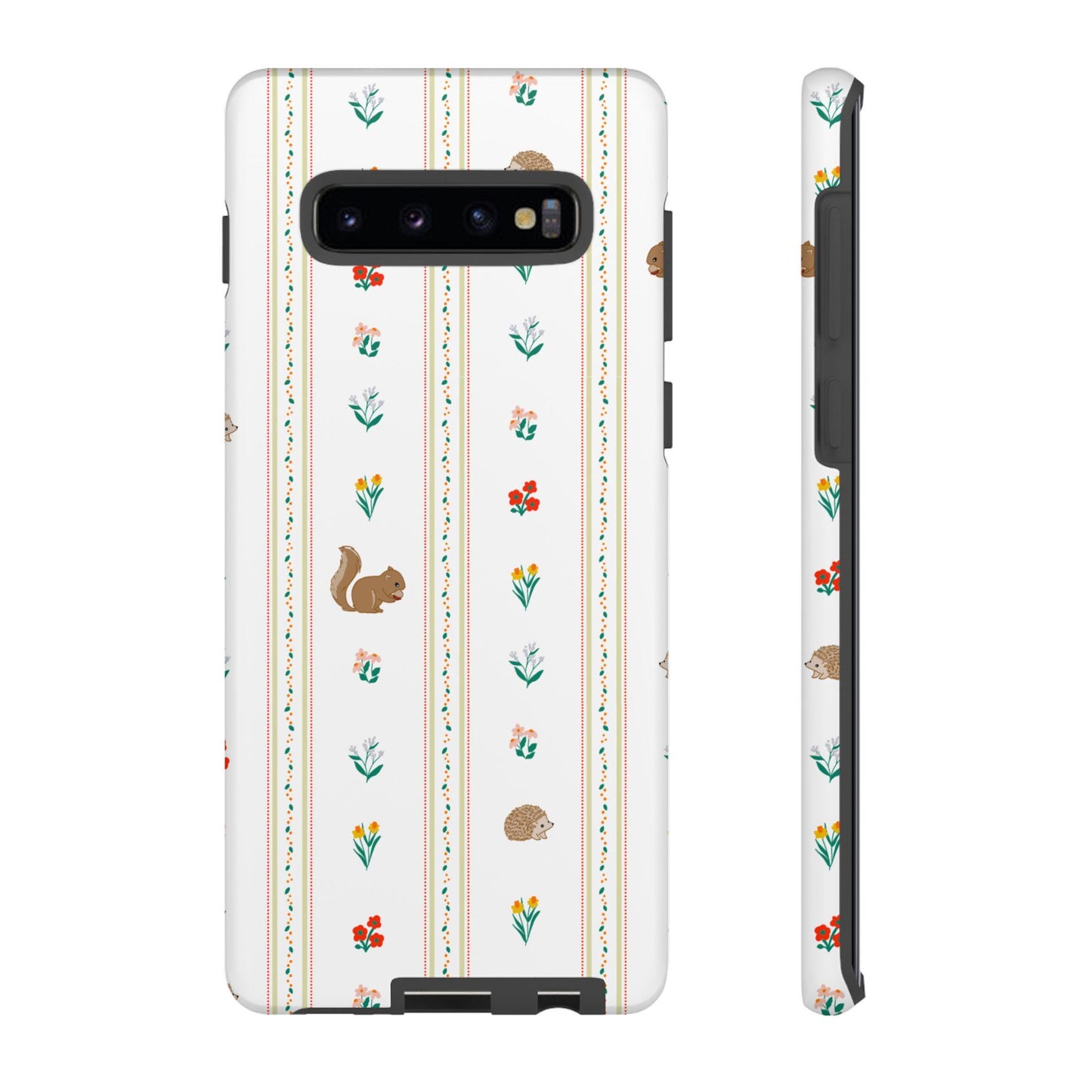 Android Case, Rust, Green, Yellow, Orange Android Case with Squirrels, Hedgehogs, Wildflowers Pattern, Matte or Glossy Finish, Tough Cases