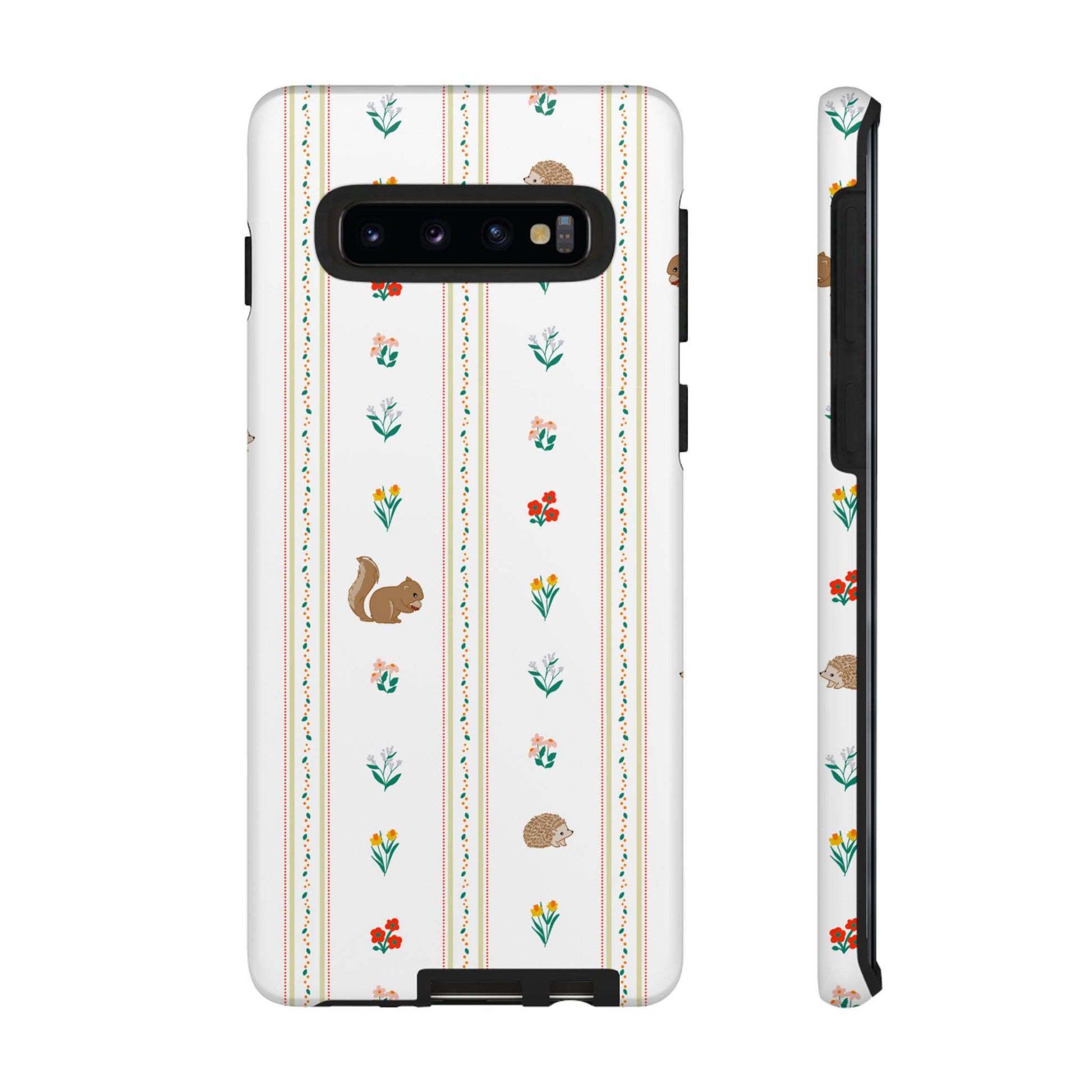 Android Case, Rust, Green, Yellow, Orange Android Case with Squirrels, Hedgehogs, Wildflowers Pattern, Matte or Glossy Finish, Tough Cases