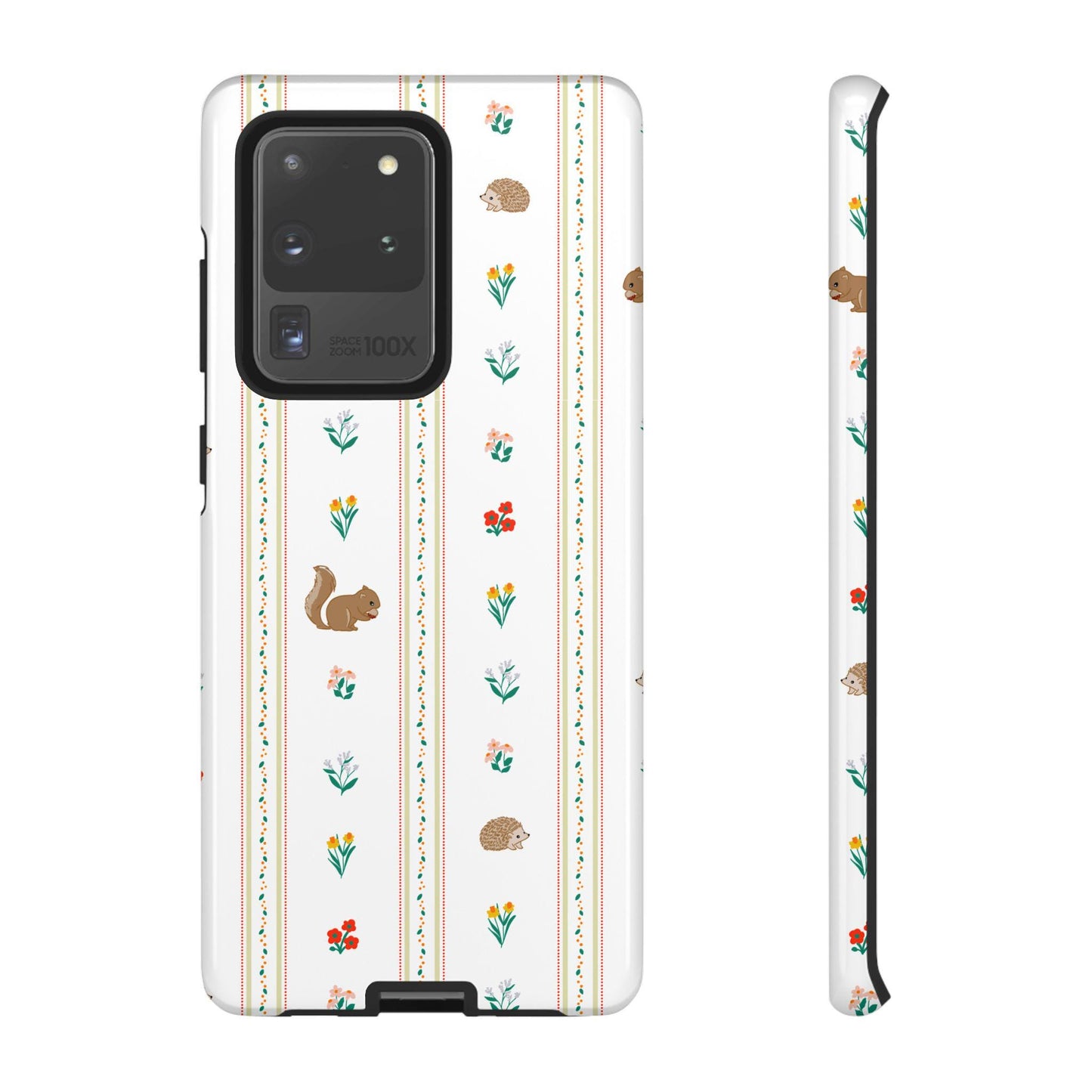 Android Case, Rust, Green, Yellow, Orange Android Case with Squirrels, Hedgehogs, Wildflowers Pattern, Matte or Glossy Finish, Tough Cases