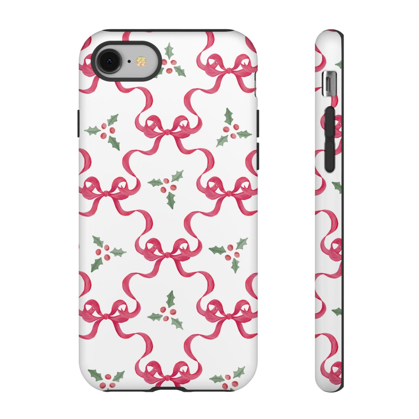 Christmas Coquette Phone Case, Red Bows and Holly, Holiday iPhone Cover, Festive Tough Cases