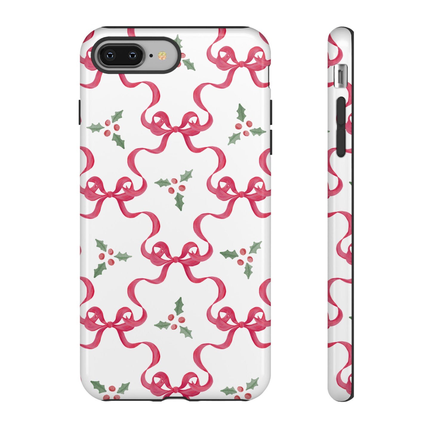 Christmas Coquette Phone Case, Red Bows and Holly, Holiday iPhone Cover, Festive Tough Cases