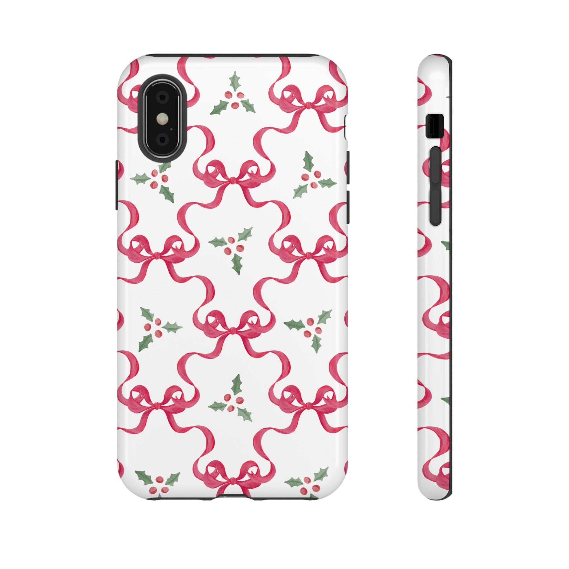 Christmas Coquette Phone Case, Red Bows and Holly, Holiday iPhone Cover, Festive Tough Cases