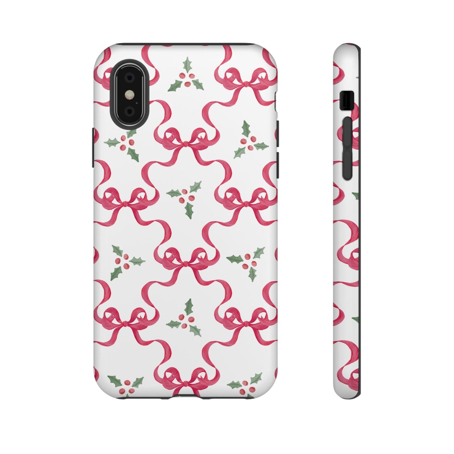 Christmas Coquette Phone Case, Red Bows and Holly, Holiday iPhone Cover, Festive Tough Cases