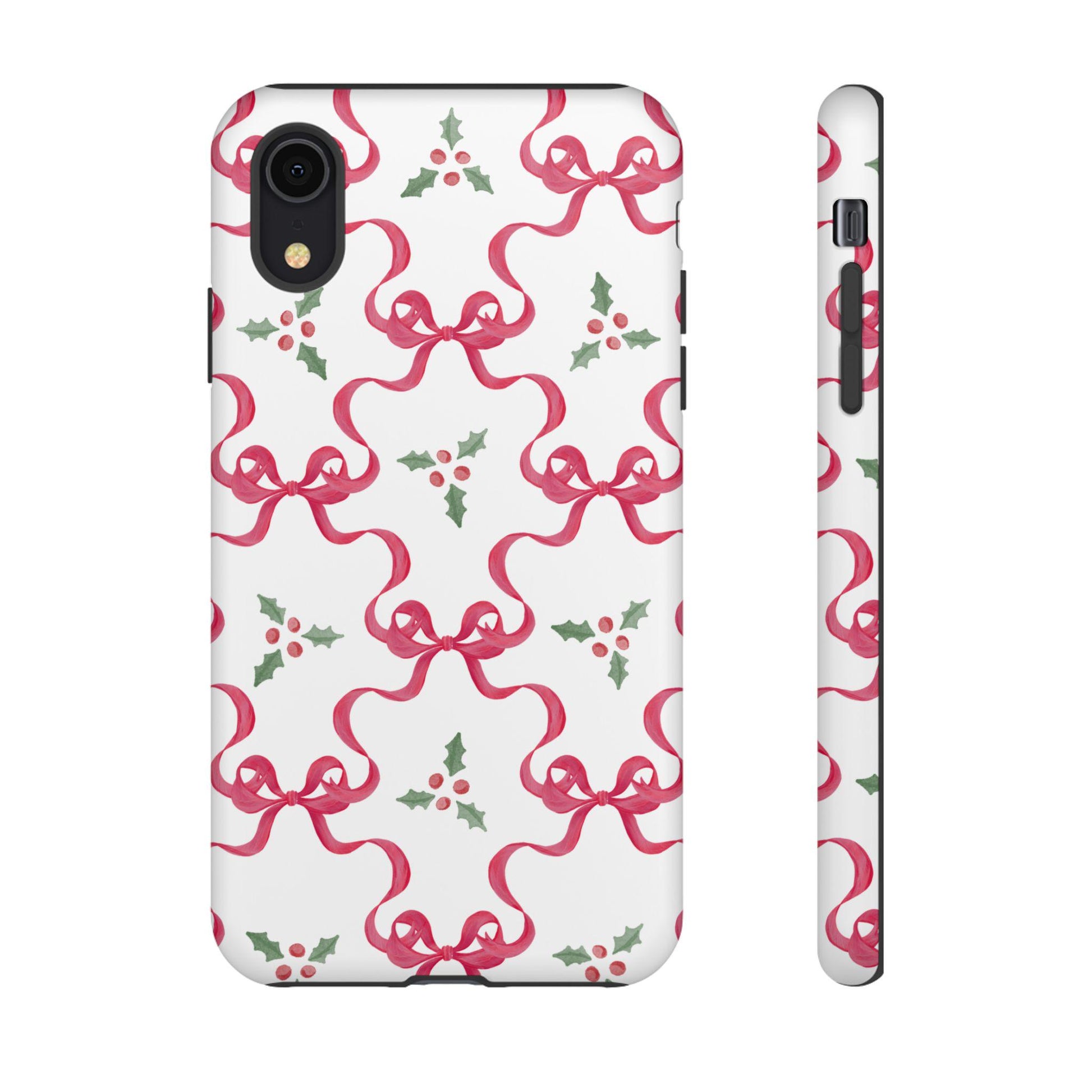 Christmas Coquette Phone Case, Red Bows and Holly, Holiday iPhone Cover, Festive Tough Cases