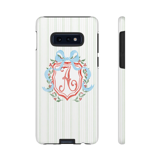 Phone Case with Watercolor Christmas Monogrammed Crest, Personalized Tough Case, Custom Android Phone Cover, Festive Holiday Protective