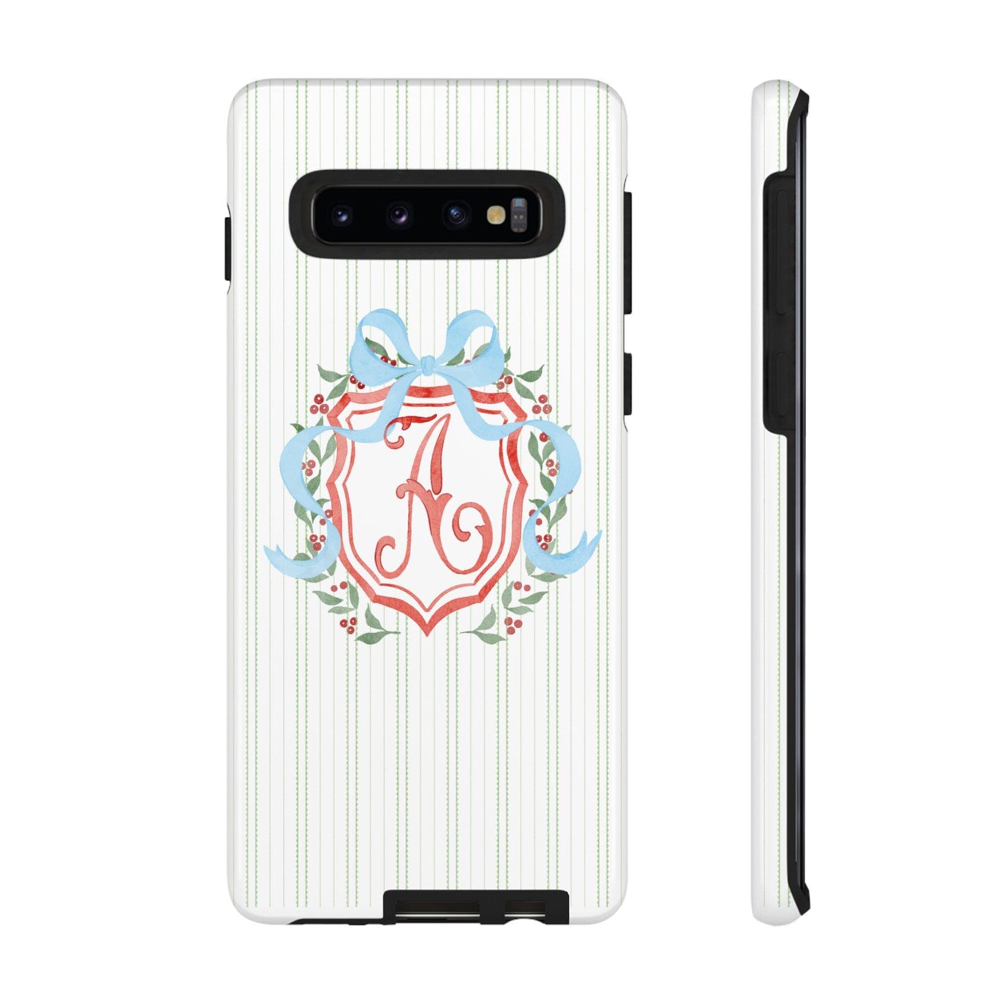 Phone Case with Watercolor Christmas Monogrammed Crest, Personalized Tough Case, Custom Android Phone Cover, Festive Holiday Protective