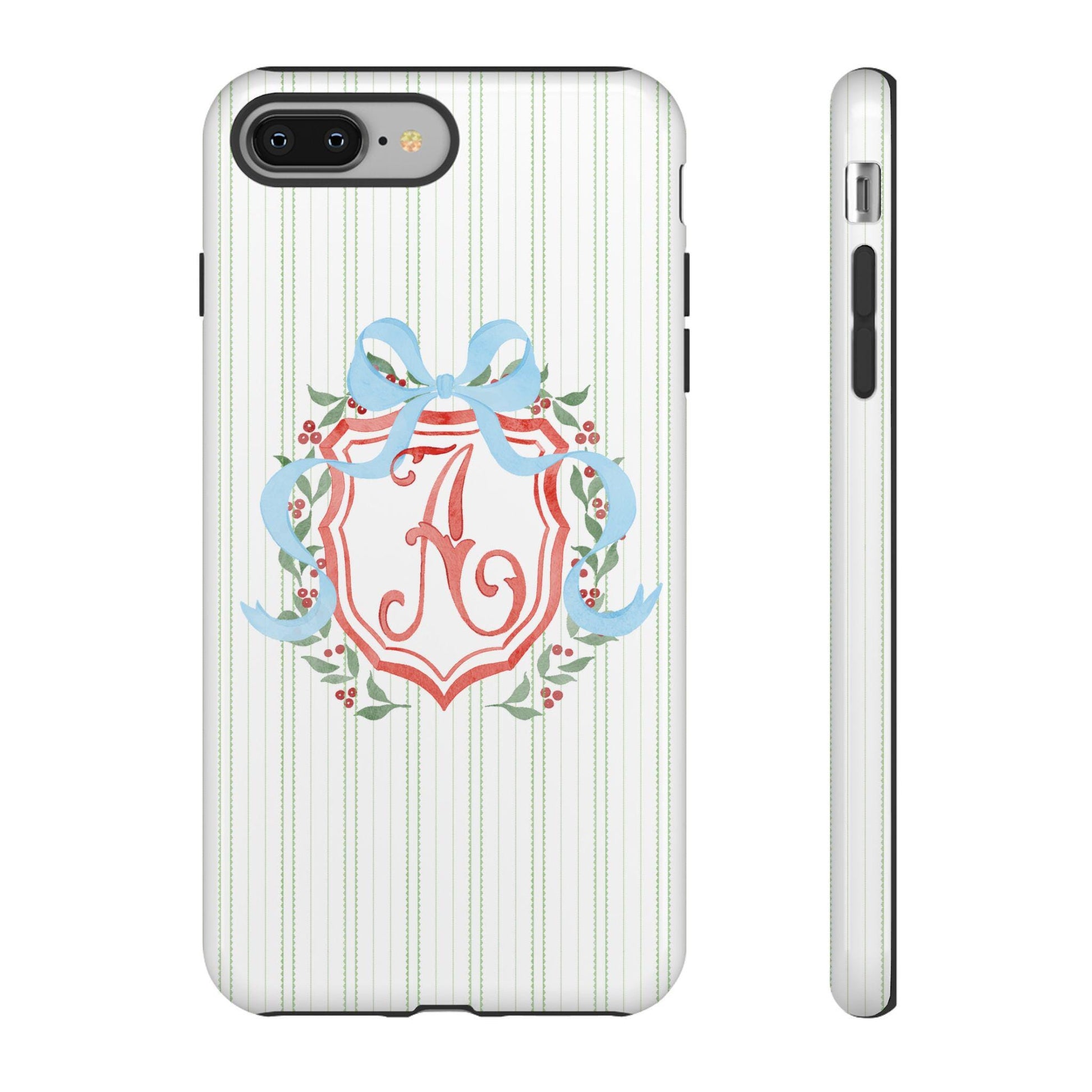 Watercolor Christmas Coquette iPhone Case with Blue Bow and Wreath, Personalized Tough Case with Holly Berries Monograms, Custom Initials