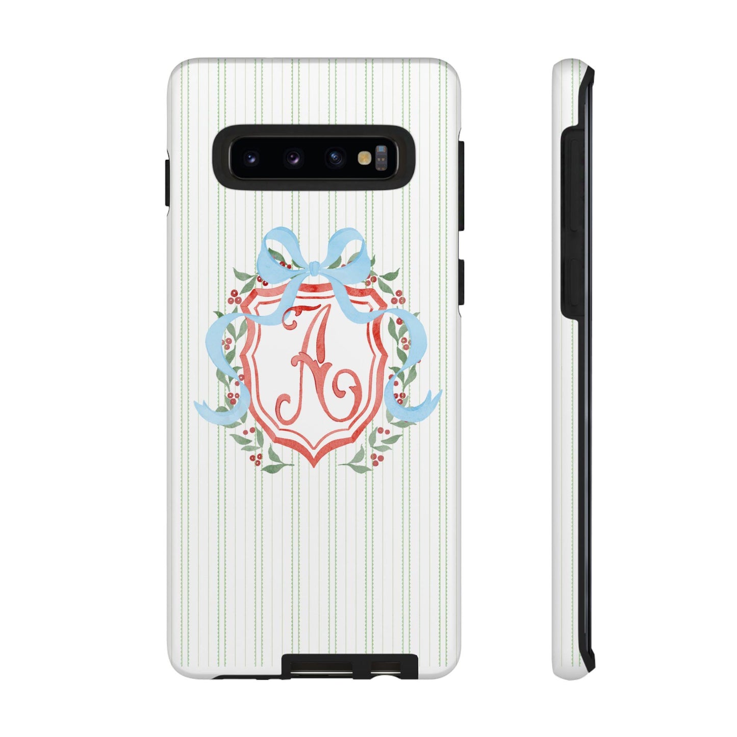 Phone Case with Watercolor Christmas Monogrammed Crest, Personalized Tough Case, Custom Android Phone Cover, Festive Holiday Protective