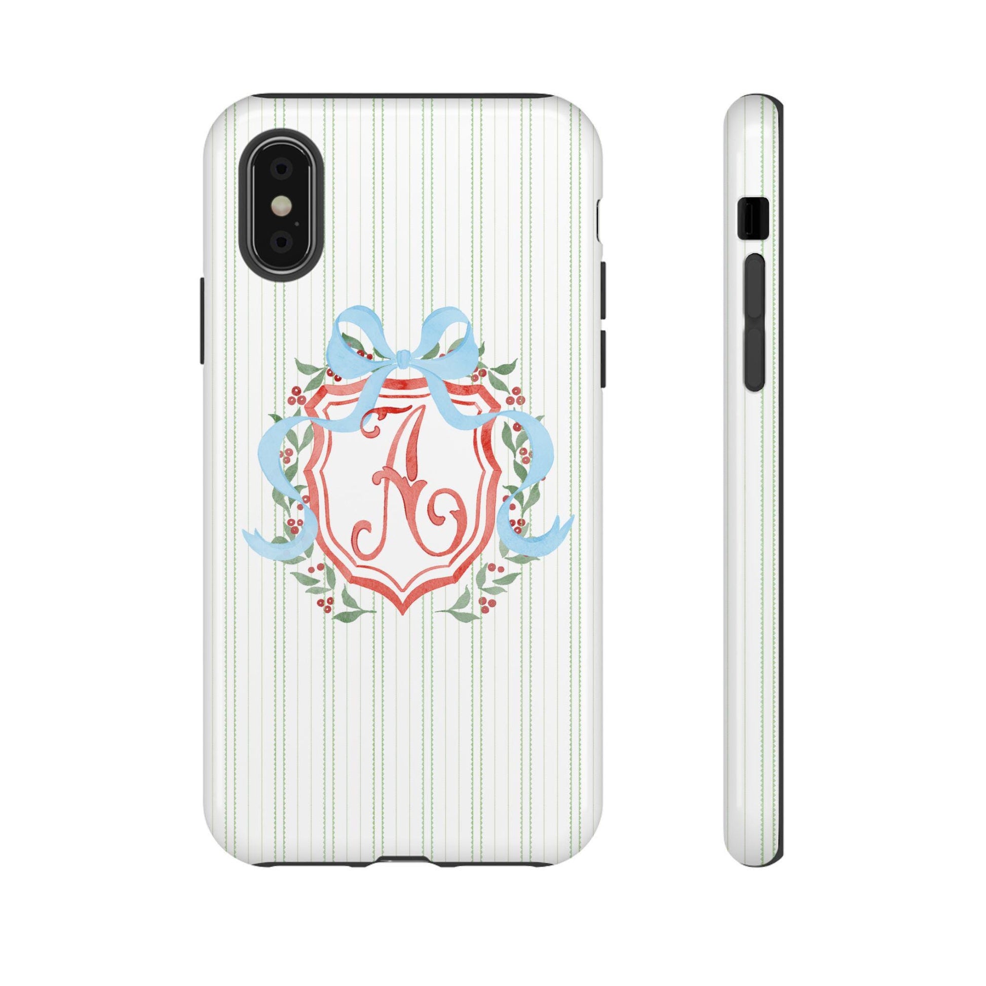 Watercolor Christmas Coquette iPhone Case with Blue Bow and Wreath, Personalized Tough Case with Holly Berries Monograms, Custom Initials