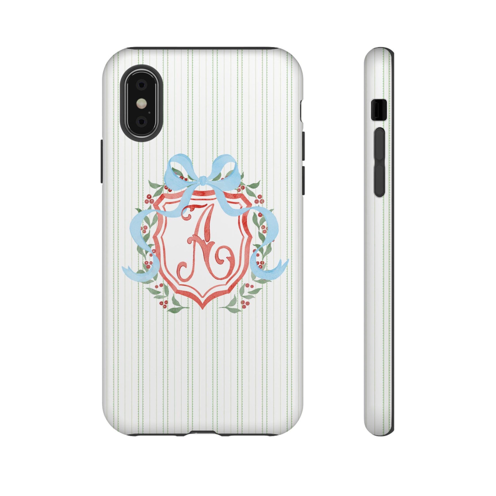 Watercolor Christmas Coquette iPhone Case with Blue Bow and Wreath, Personalized Tough Case with Holly Berries Monograms, Custom Initials