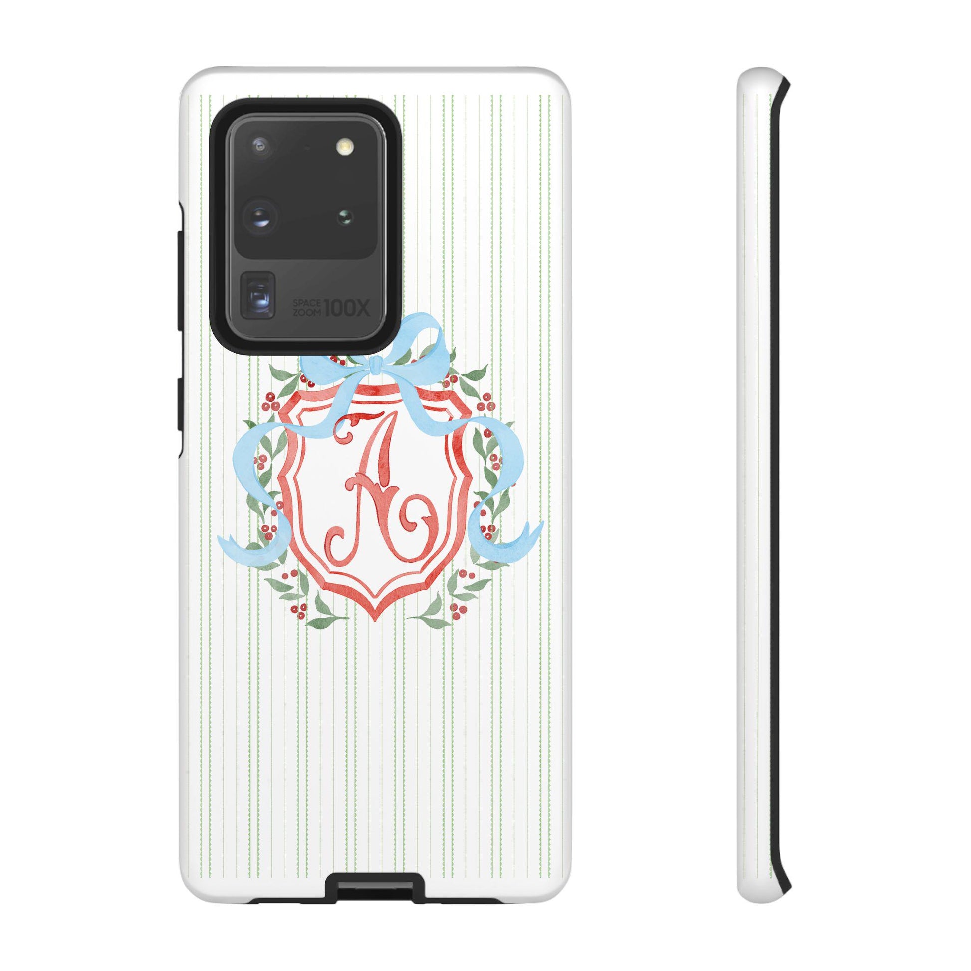 Phone Case with Watercolor Christmas Monogrammed Crest, Personalized Tough Case, Custom Android Phone Cover, Festive Holiday Protective