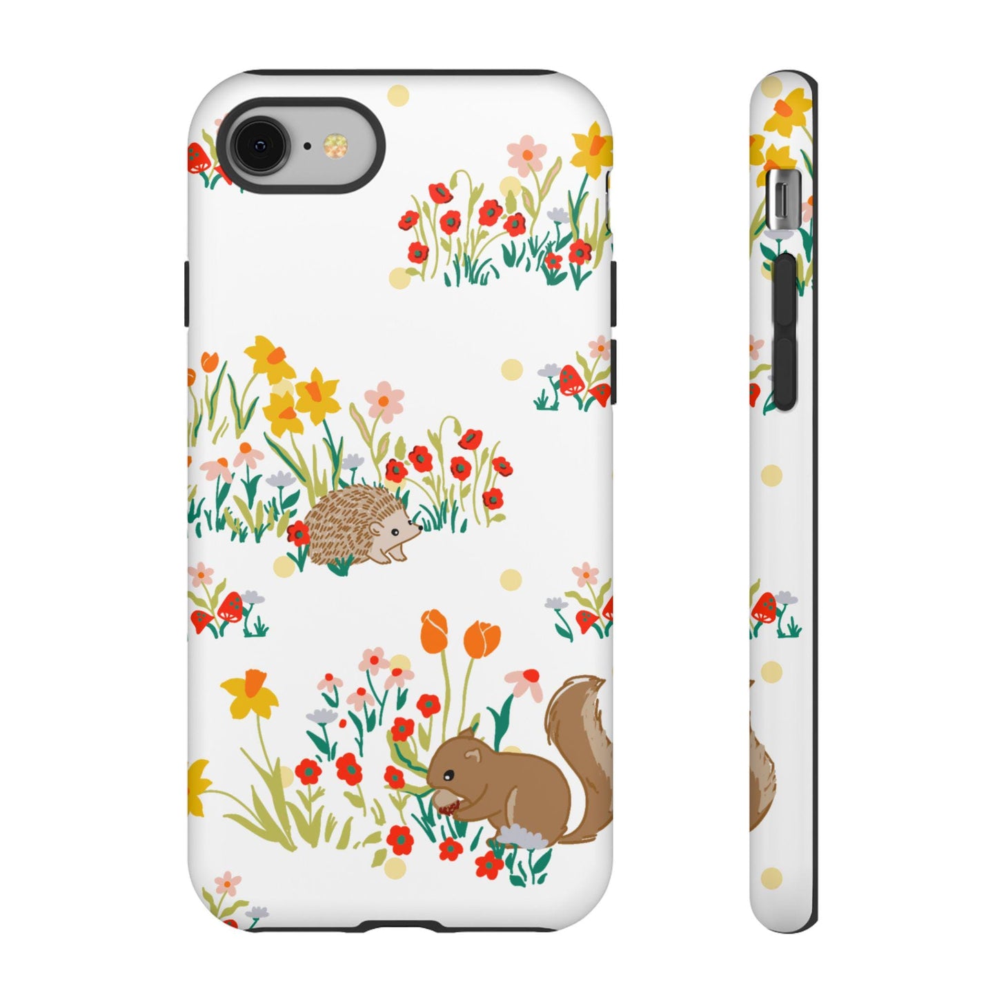 Phone Case, Rustic Woodland Animal Pattern Tough Case for iPhone, Matte or Glossy Finish, Hedgehog Squirrel Wildflower, Protective Cover,