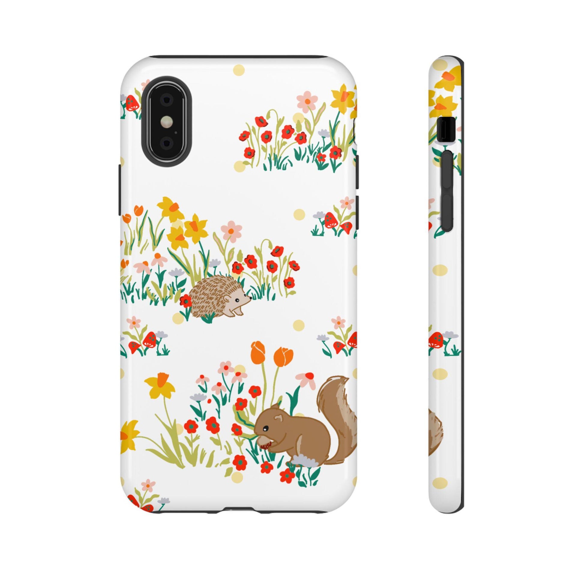 Phone Case, Rustic Woodland Animal Pattern Tough Case for iPhone, Matte or Glossy Finish, Hedgehog Squirrel Wildflower, Protective Cover,