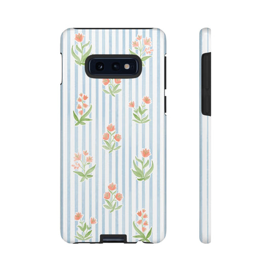 Phone Case, Floral Android Cover, Colorful Flowers on Pale Blue Watercolor Stripes, Tough Protective Case, Gift for Her, Floral Phone