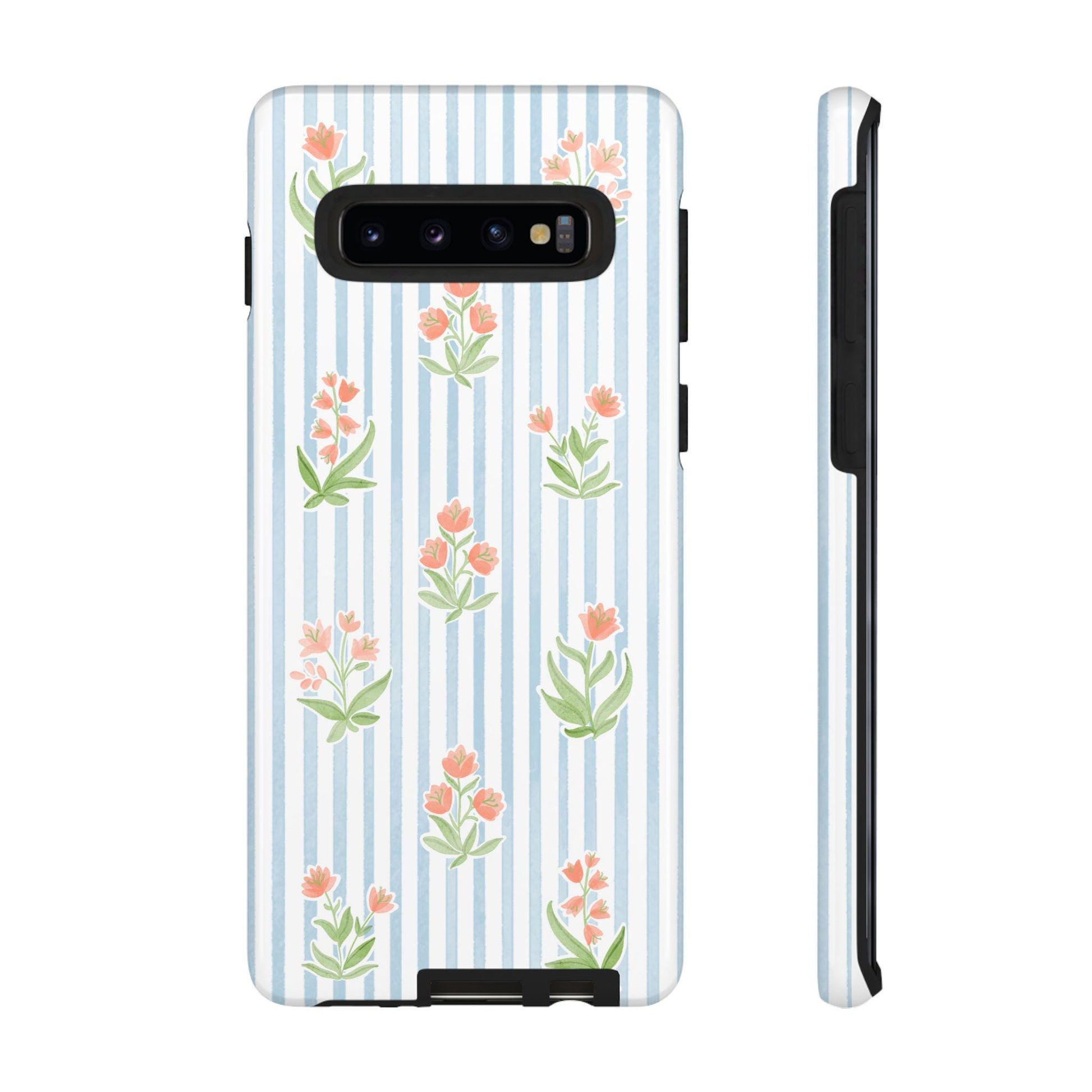 Phone Case, Floral Android Cover, Colorful Flowers on Pale Blue Watercolor Stripes, Tough Protective Case, Gift for Her, Floral Phone