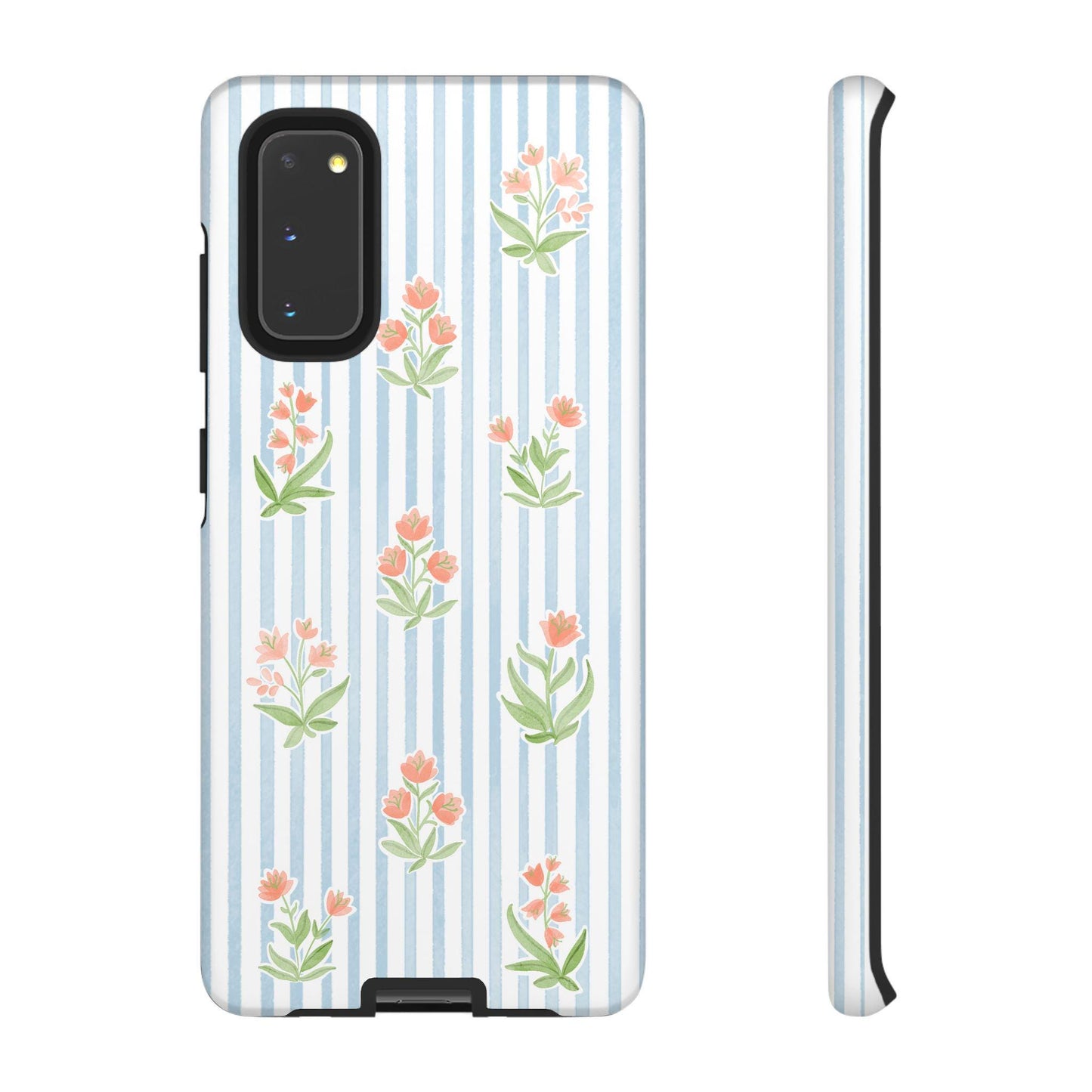 Phone Case, Floral Android Cover, Colorful Flowers on Pale Blue Watercolor Stripes, Tough Protective Case, Gift for Her, Floral Phone