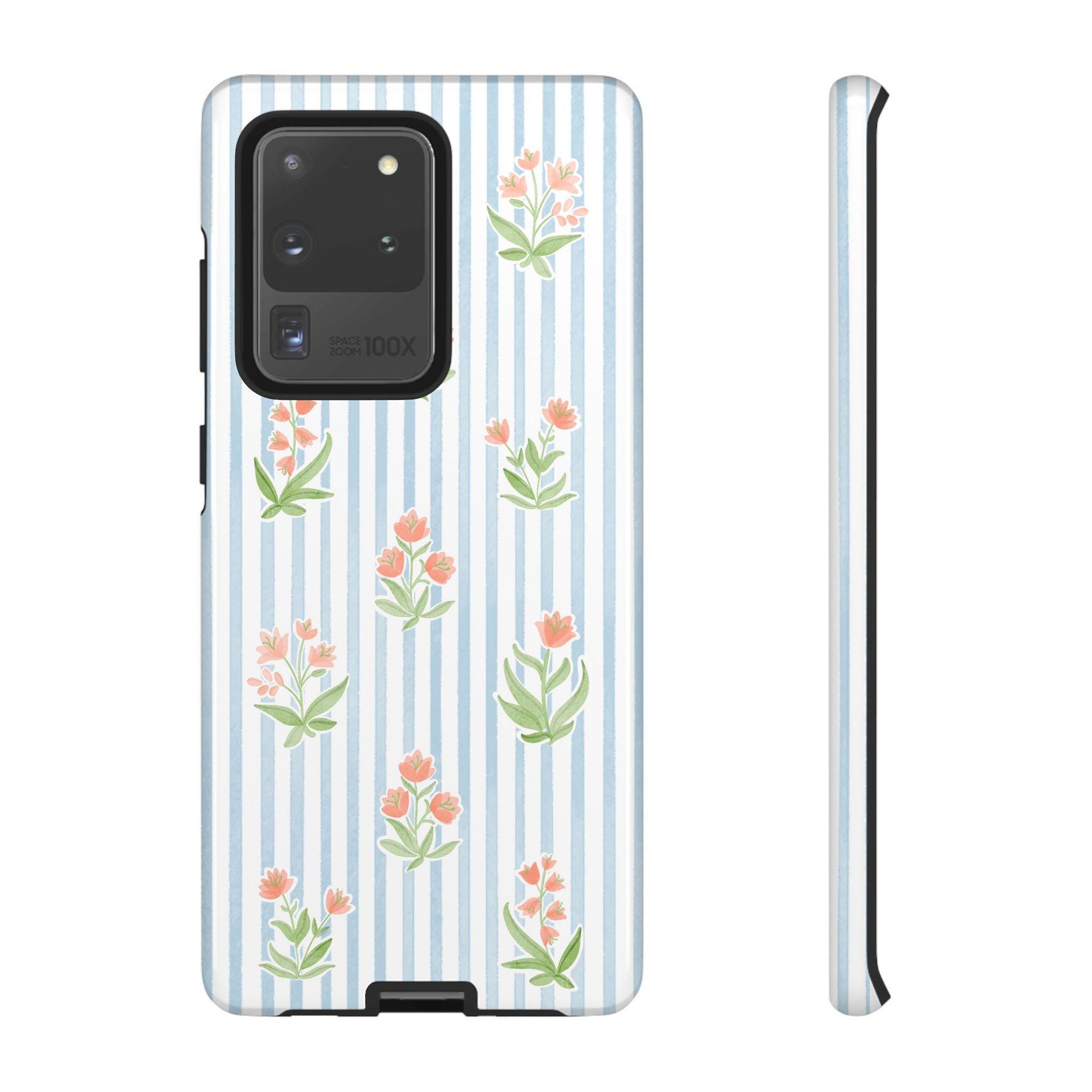 Phone Case, Floral Android Cover, Colorful Flowers on Pale Blue Watercolor Stripes, Tough Protective Case, Gift for Her, Floral Phone