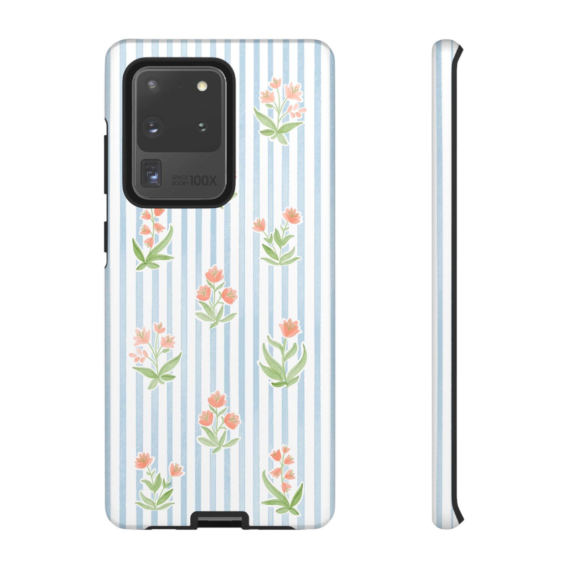 Phone Case, Floral Android Cover, Colorful Flowers on Pale Blue Watercolor Stripes, Tough Protective Case, Gift for Her, Floral Phone