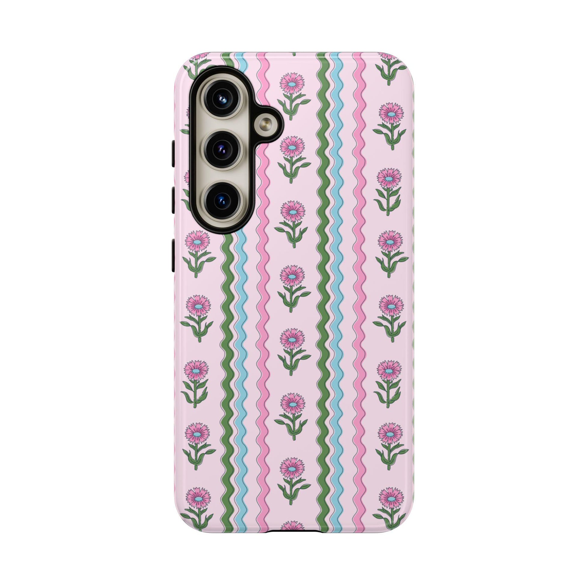 Preppy Rickrack Floral Blockprint Phone Case in Pink, Green, and Blue for Android