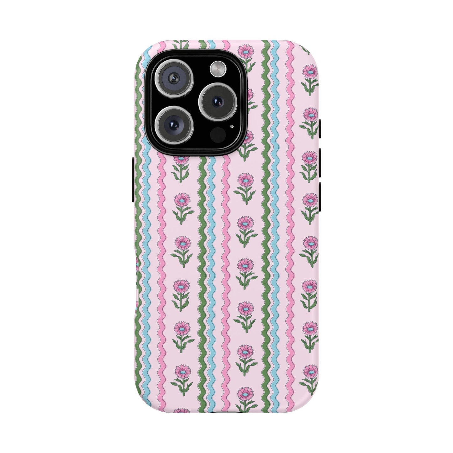 Preppy Rickrack Floral Blockprint Phone Case in Pink, Green, and Blue for iPhone