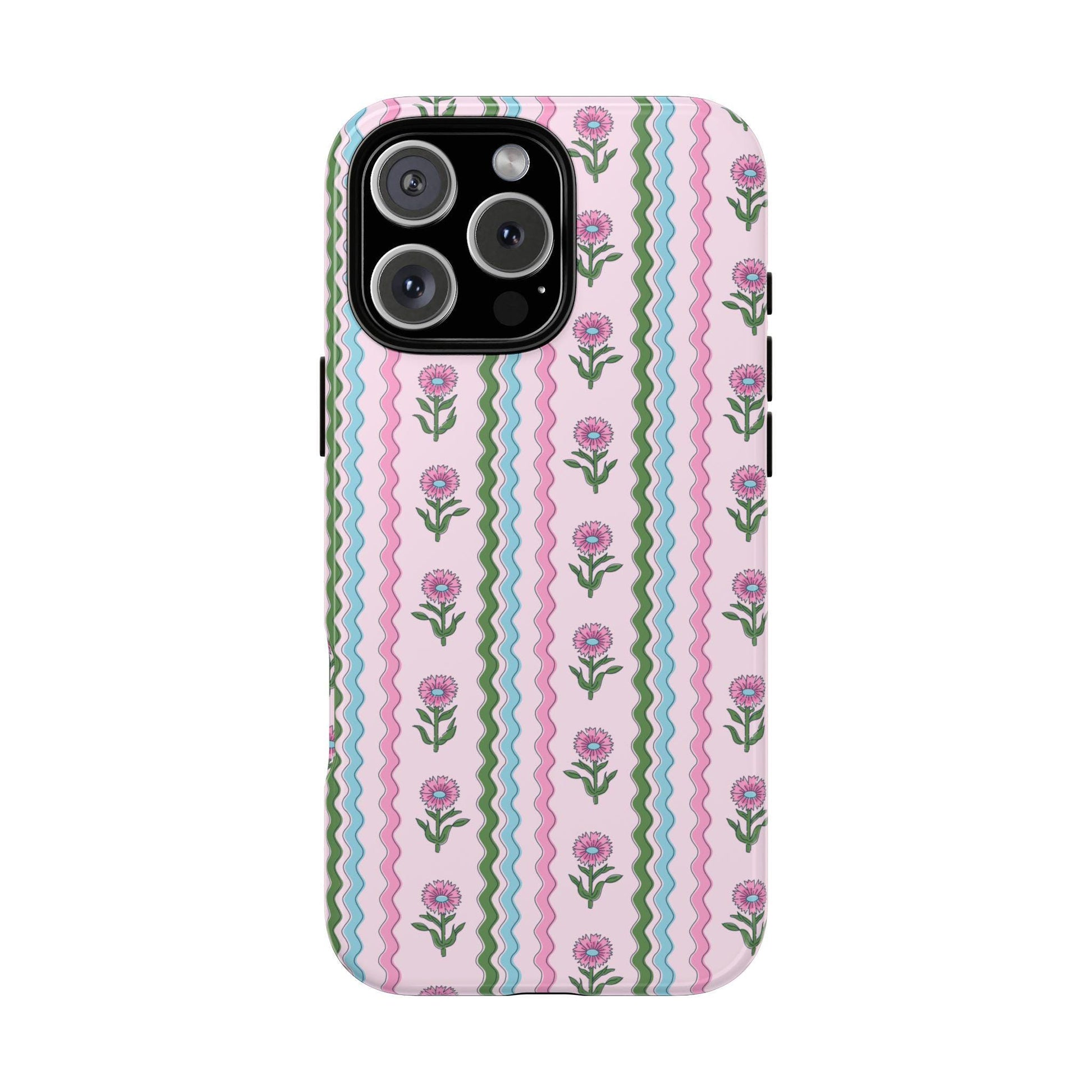 Preppy Rickrack Floral Blockprint Phone Case in Pink, Green, and Blue for iPhone