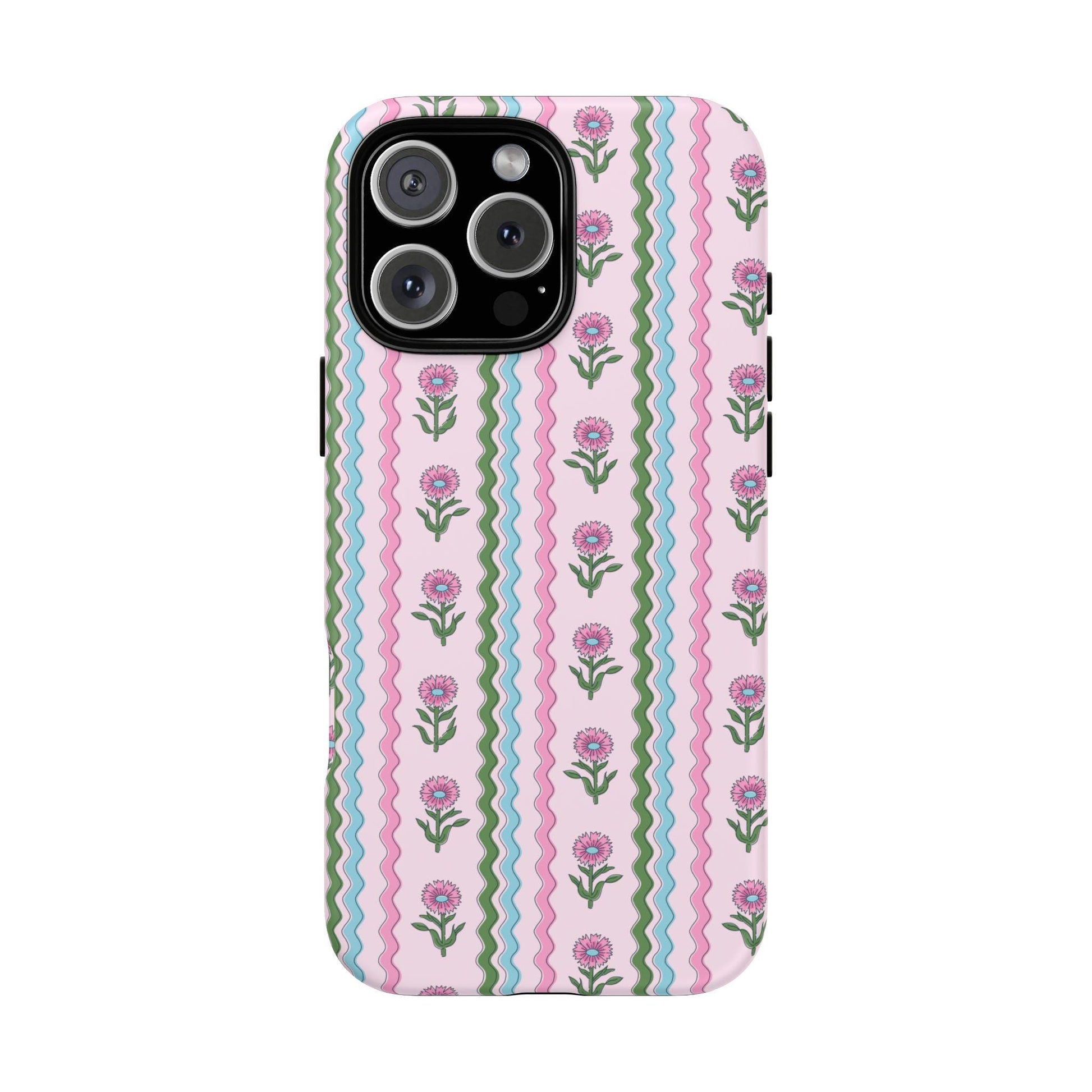 Preppy Rickrack Floral Blockprint Phone Case in Pink, Green, and Blue for iPhone