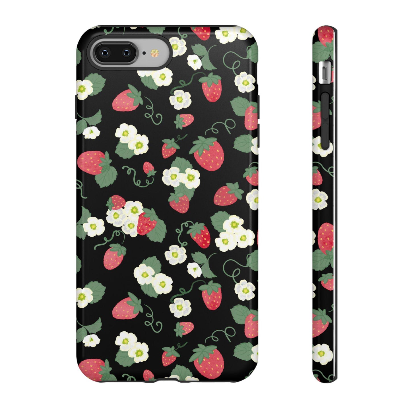 iPhone Case, Watercolor Strawberries and Blossoms, Floral Tough Case, Protective Phone Cover, Gift for Her, Black Phone Case