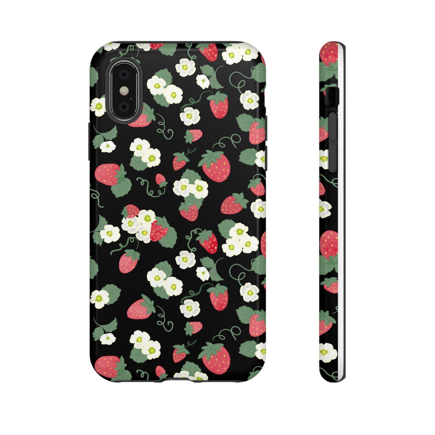 iPhone Case, Watercolor Strawberries and Blossoms, Floral Tough Case, Protective Phone Cover, Gift for Her, Black Phone Case