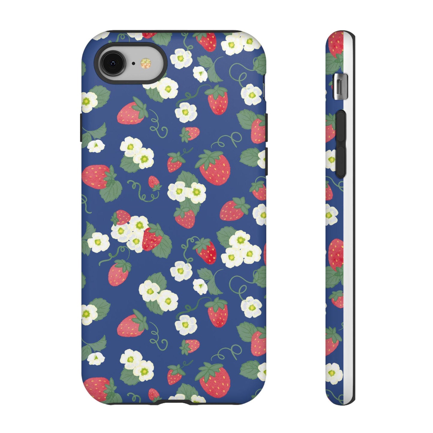 iPhone Case with Watercolor Strawberries and Blossoms, Preppy Tough Cases for Women, Floral Phone Cover, Navy Blue Protective Shell, Unique