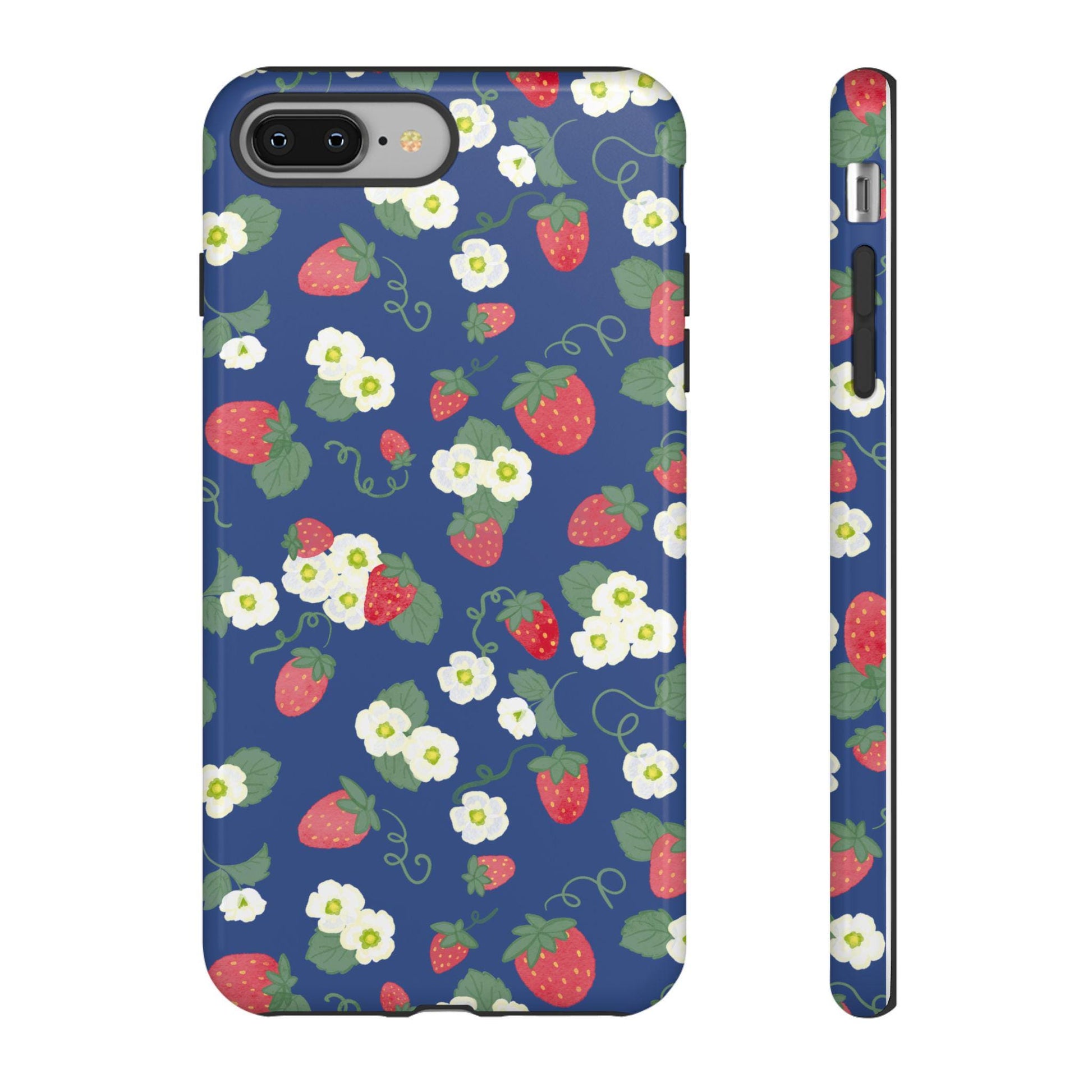 iPhone Case with Watercolor Strawberries and Blossoms, Preppy Tough Cases for Women, Floral Phone Cover, Navy Blue Protective Shell, Unique