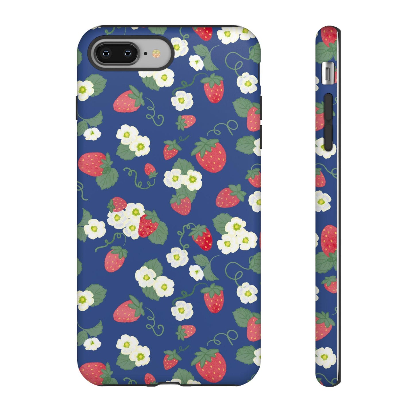 iPhone Case with Watercolor Strawberries and Blossoms, Preppy Tough Cases for Women, Floral Phone Cover, Navy Blue Protective Shell, Unique