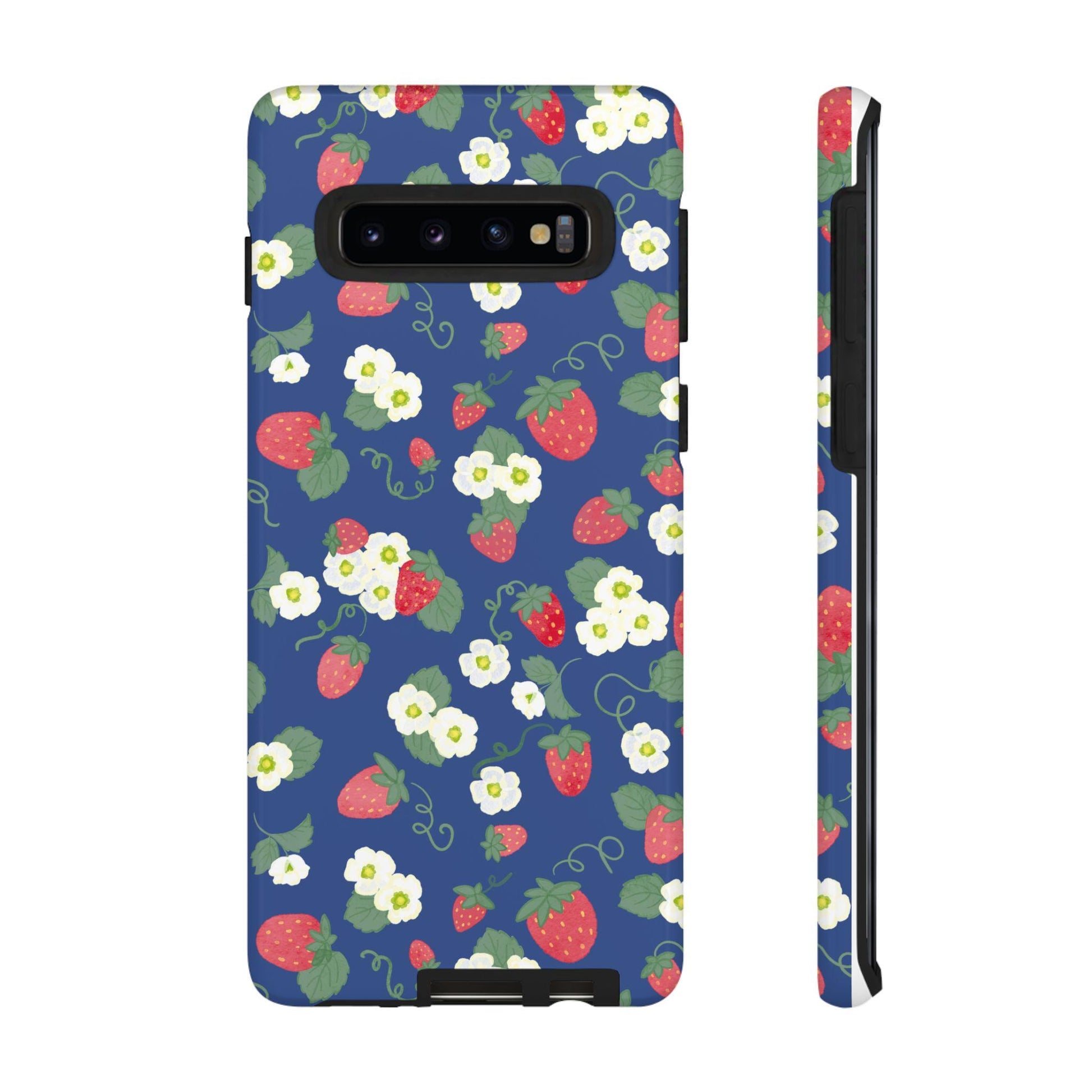 Android Tough Case, Watercolor Strawberries and Blossoms, Preppy Phone Cover, Protective Phone Case, Floral Cellphone Case, Black Background