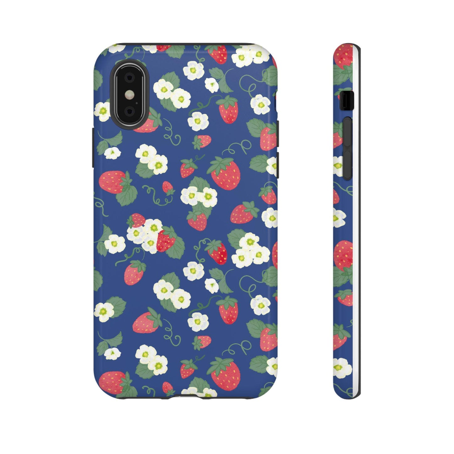 iPhone Case with Watercolor Strawberries and Blossoms, Preppy Tough Cases for Women, Floral Phone Cover, Navy Blue Protective Shell, Unique