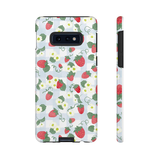 Phone Case, Cottagecore Android Case with Watercolor Strawberries, Tough Phone Cases, Protective Cover, Blue Gingham Phone Case, Floral