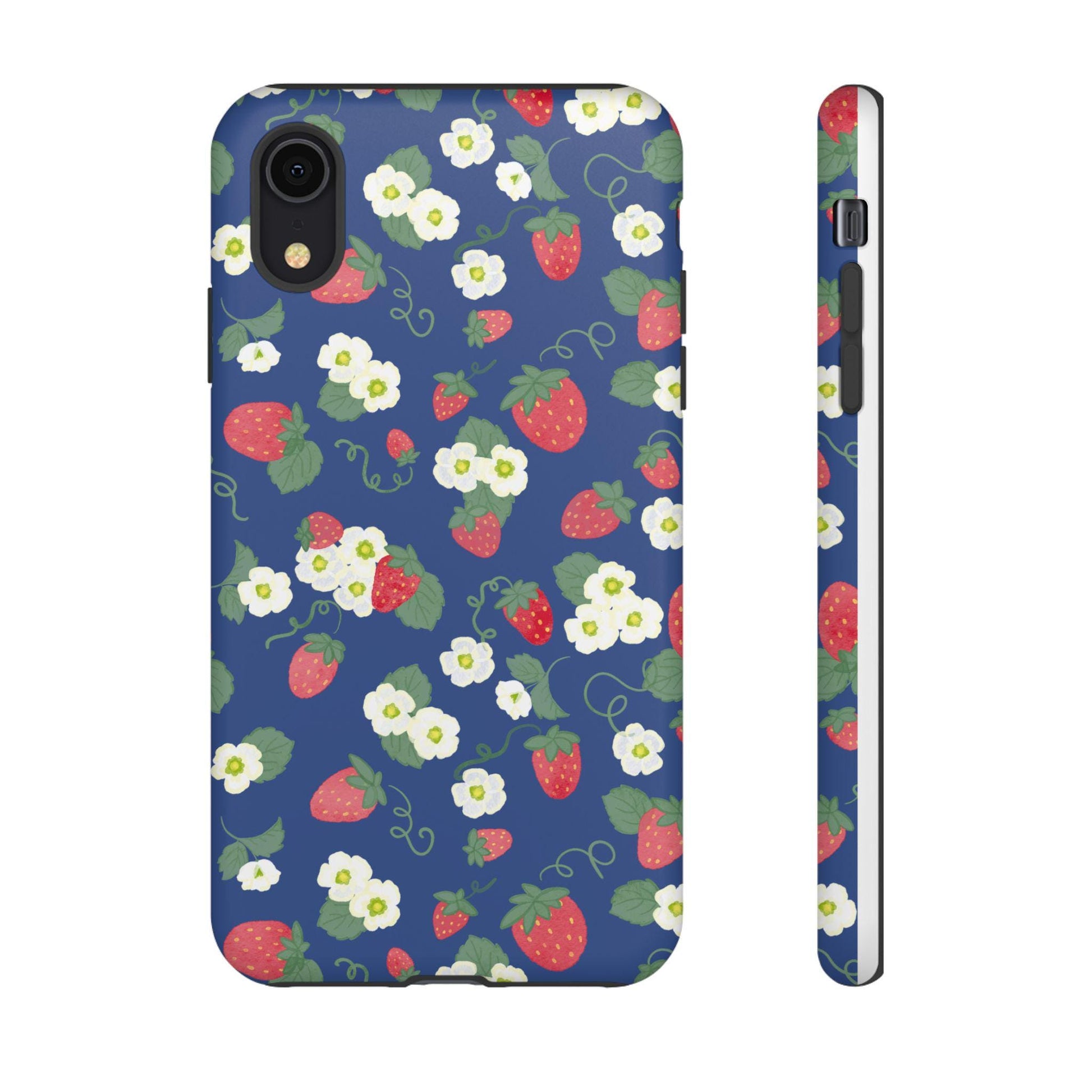 iPhone Case with Watercolor Strawberries and Blossoms, Preppy Tough Cases for Women, Floral Phone Cover, Navy Blue Protective Shell, Unique