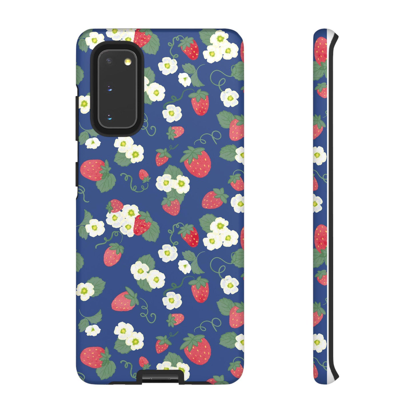 Android Tough Case, Watercolor Strawberries and Blossoms, Preppy Phone Cover, Protective Phone Case, Floral Cellphone Case, Black Background