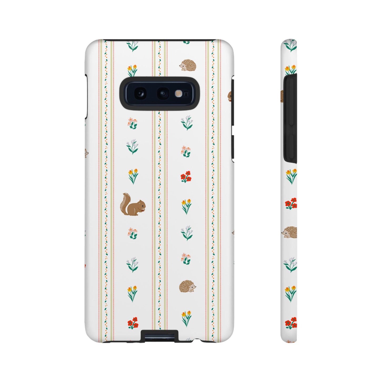 Android Case, Rust, Green, Yellow, Orange Android Case with Squirrels, Hedgehogs, Wildflowers Pattern, Matte or Glossy Finish, Tough Cases