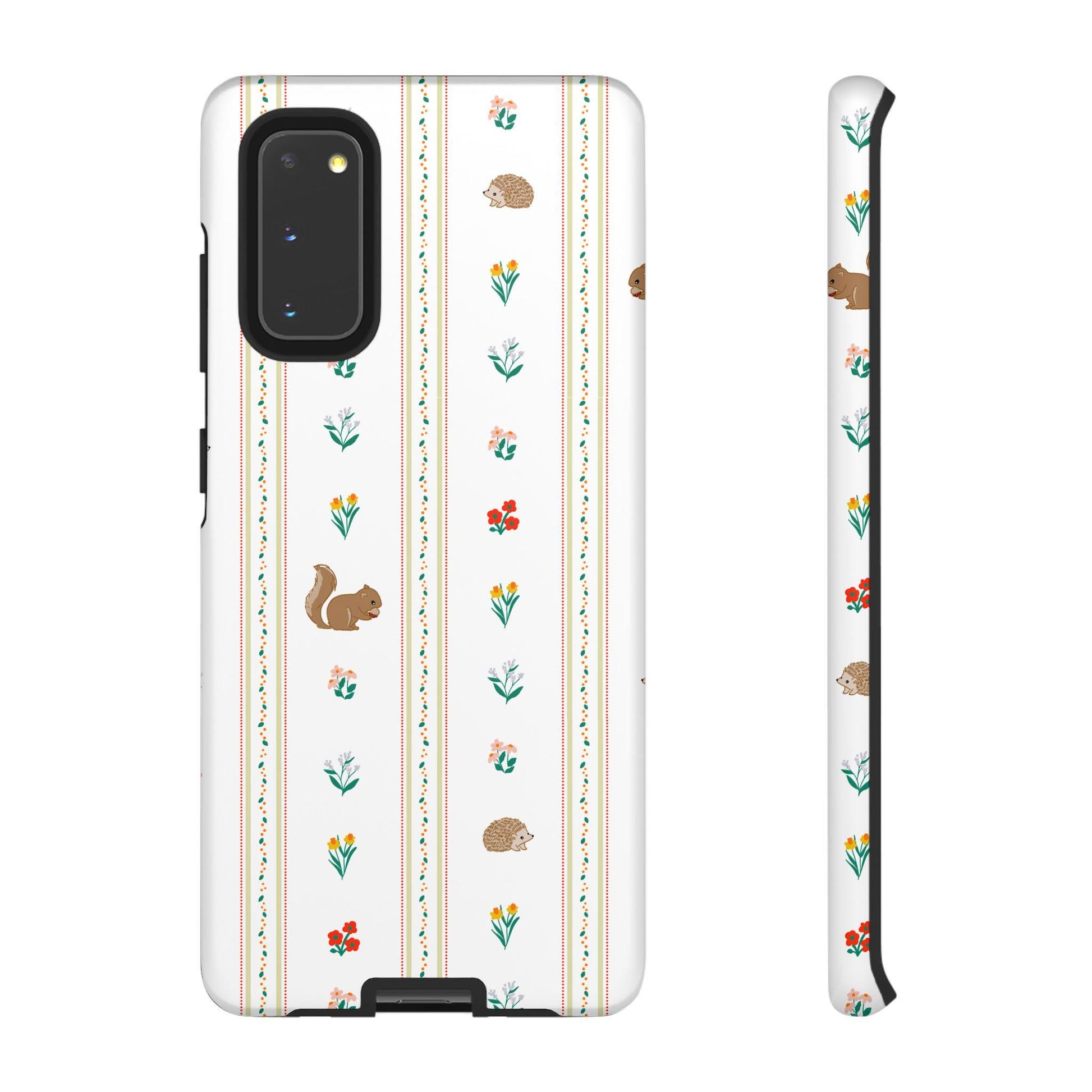 Android Case, Rust, Green, Yellow, Orange Android Case with Squirrels, Hedgehogs, Wildflowers Pattern, Matte or Glossy Finish, Tough Cases