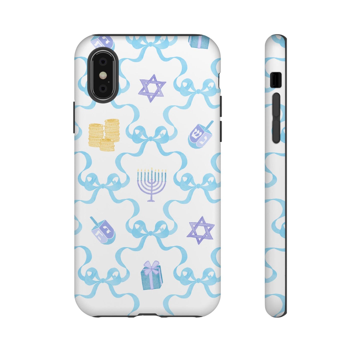 Hanukkah Coquette Tough Case, Menorah Gelt Star Blue Bow iPhone Cover, Jewish Holiday Accessories, Protective Phone Case, Jewish Festive