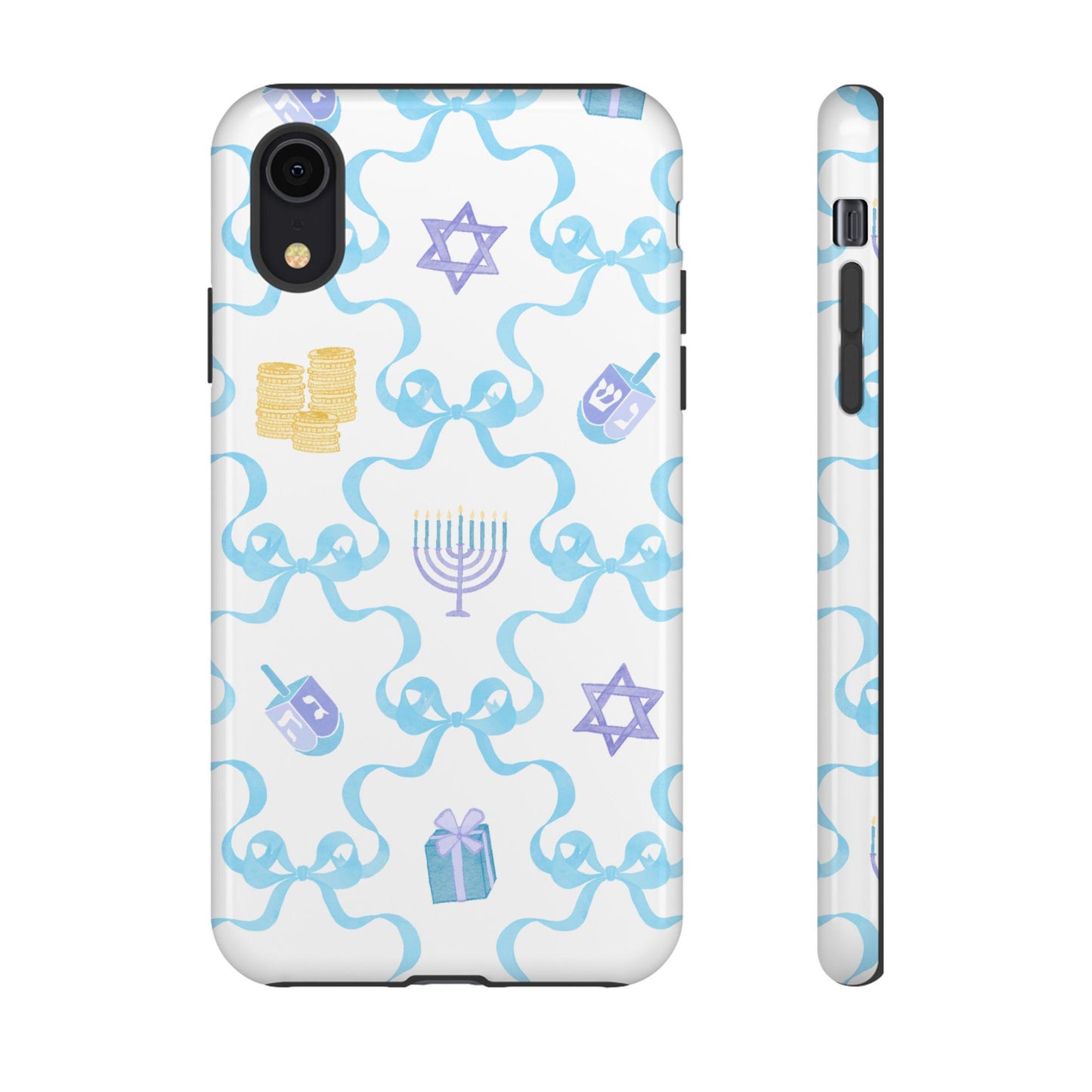 Hanukkah Coquette Tough Case, Menorah Gelt Star Blue Bow iPhone Cover, Jewish Holiday Accessories, Protective Phone Case, Jewish Festive