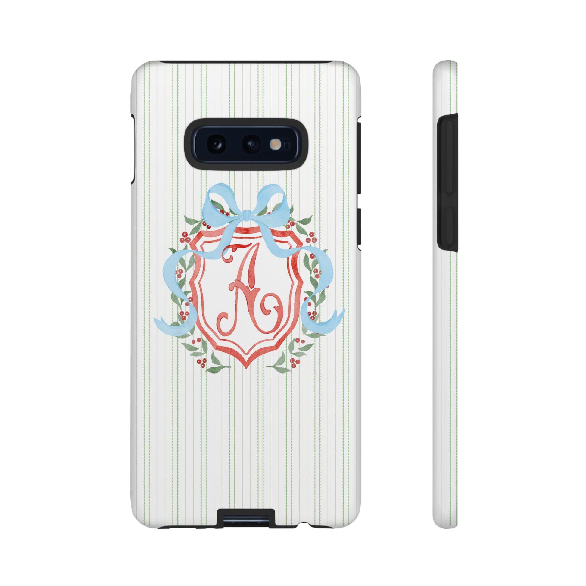 Phone Case with Watercolor Christmas Monogrammed Crest, Personalized Tough Case, Custom Android Phone Cover, Festive Holiday Protective