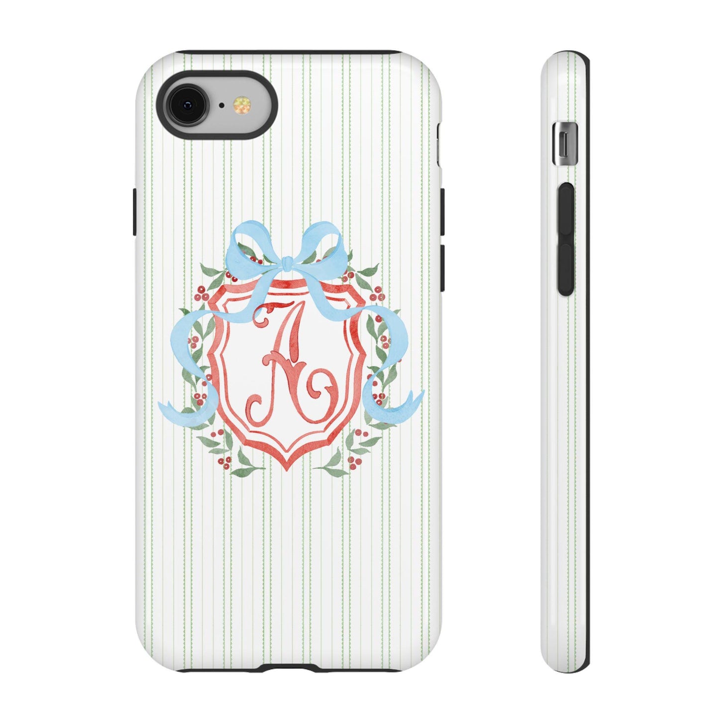 Watercolor Christmas Coquette iPhone Case with Blue Bow and Wreath, Personalized Tough Case with Holly Berries Monograms, Custom Initials