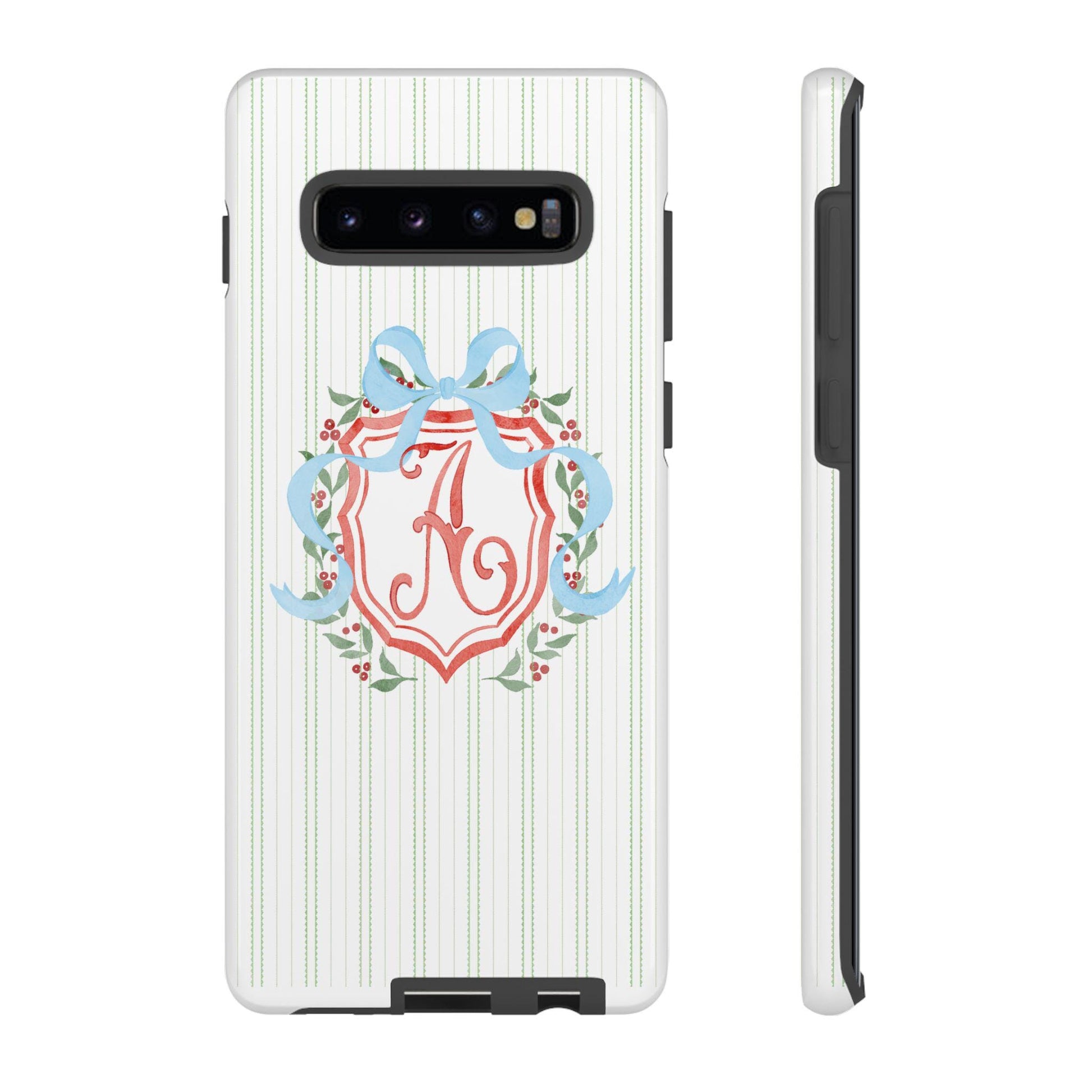 Phone Case with Watercolor Christmas Monogrammed Crest, Personalized Tough Case, Custom Android Phone Cover, Festive Holiday Protective