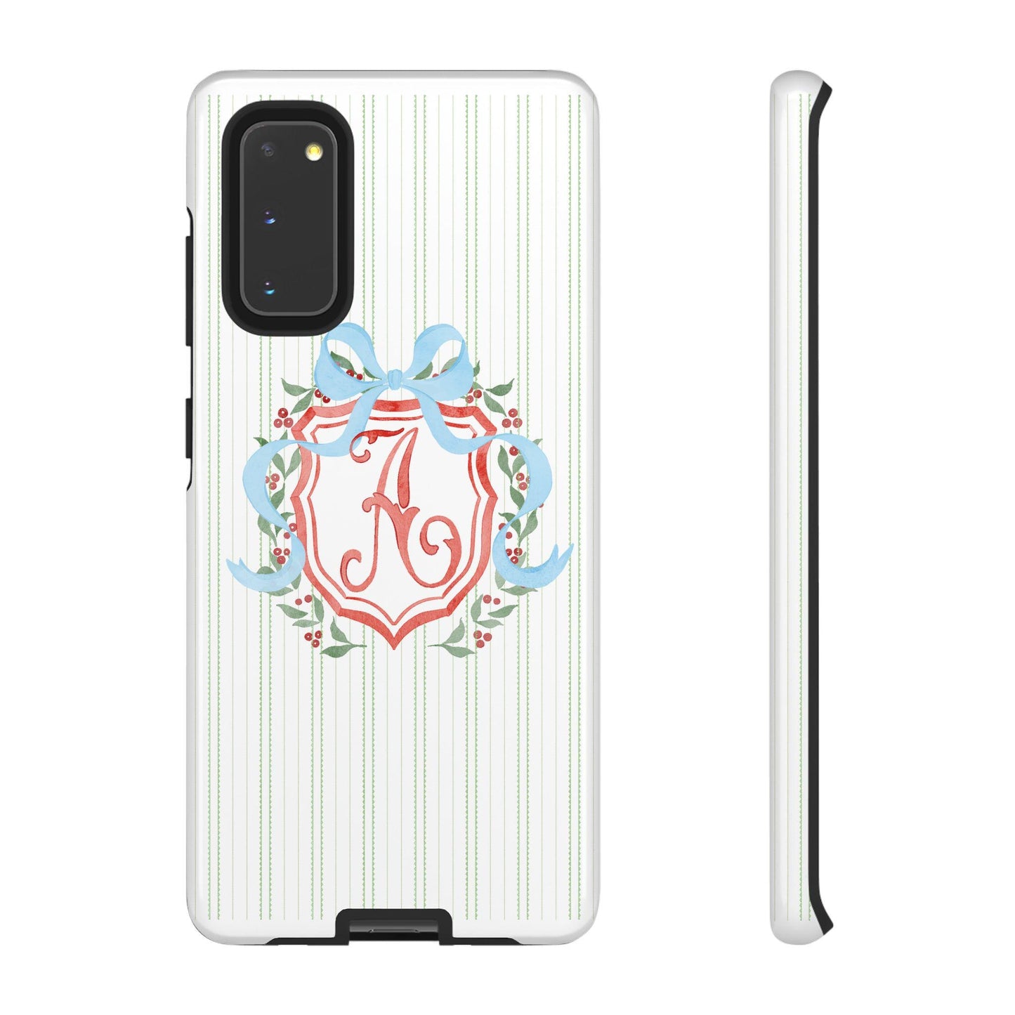 Phone Case with Watercolor Christmas Monogrammed Crest, Personalized Tough Case, Custom Android Phone Cover, Festive Holiday Protective