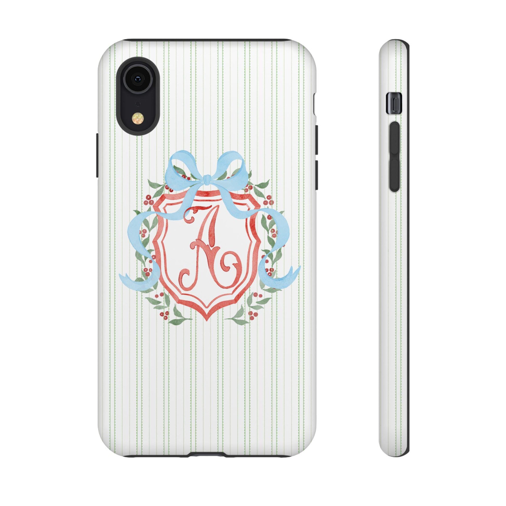 Watercolor Christmas Coquette iPhone Case with Blue Bow and Wreath, Personalized Tough Case with Holly Berries Monograms, Custom Initials